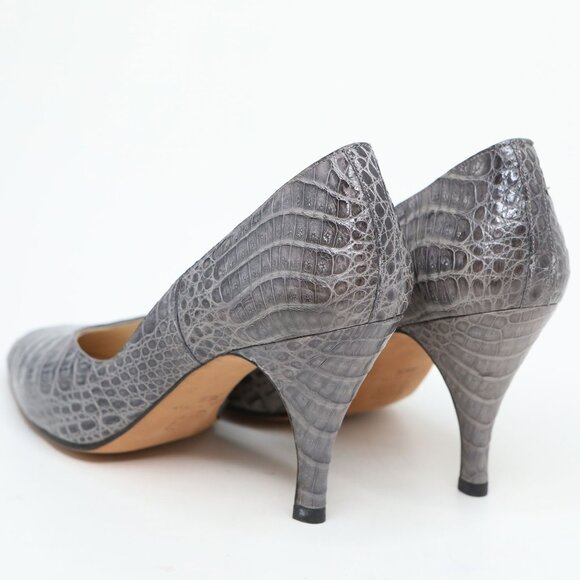 Vintage David' Croco Embossed Leather Point Toe Pumps Grey 80s Italy - Picture 4 of 9